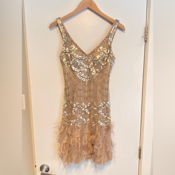 Sue Wong Beaded Gatsby Style Flapper Cocktail Dress Gold/Champagne - Picture 1 of 7